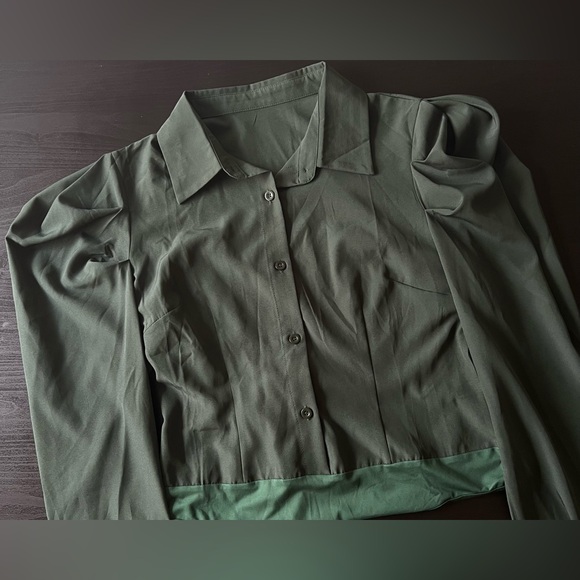 Collar Button Down Puff Long Sleeve Bodysuit Green Size M - Picture 3 of 12